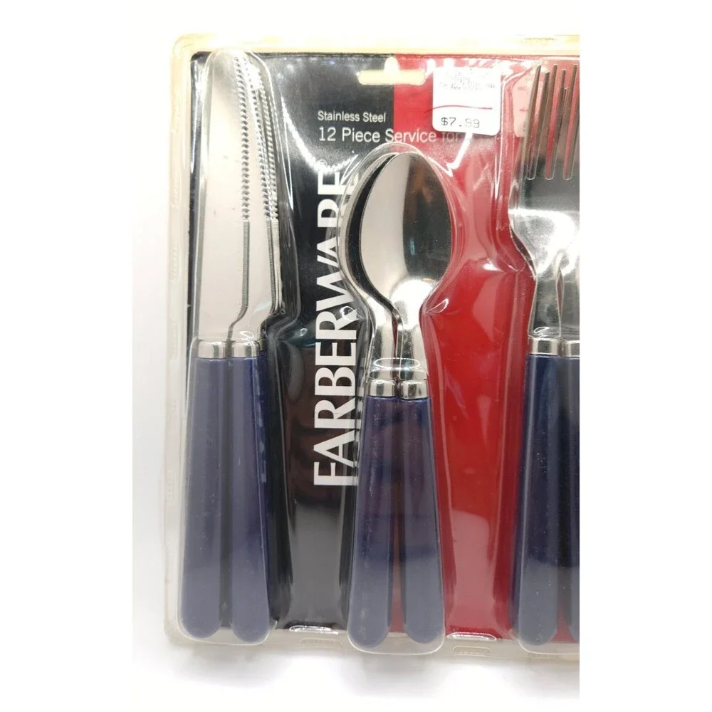 NIP Farberware 12 Pc Flatware Set Navy Blue Handles Stainless Service for 4 VTG
